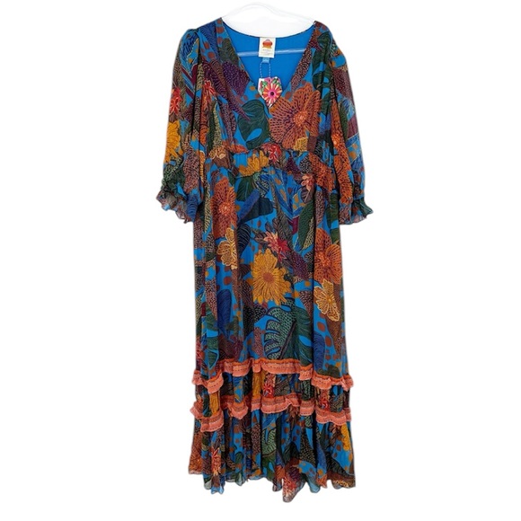 Anthropologie Farm Rio Puff Sleeve Multi Color Blue Floral Maxi Dress, XL NWT - Picture 6 of 16